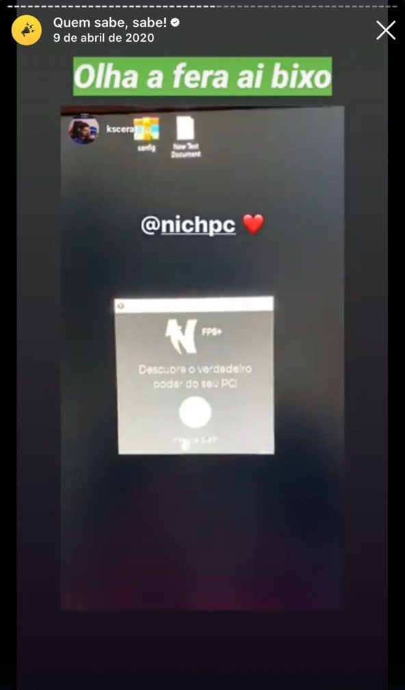 KSCERATO, pro player da FURIA, indicando o NichFPS+ nos stories