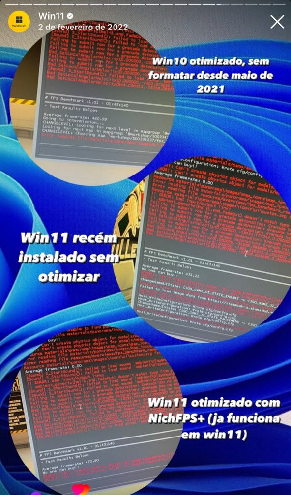Comparativo Windows 11: antes e depois da otimizacao com NichFPS+