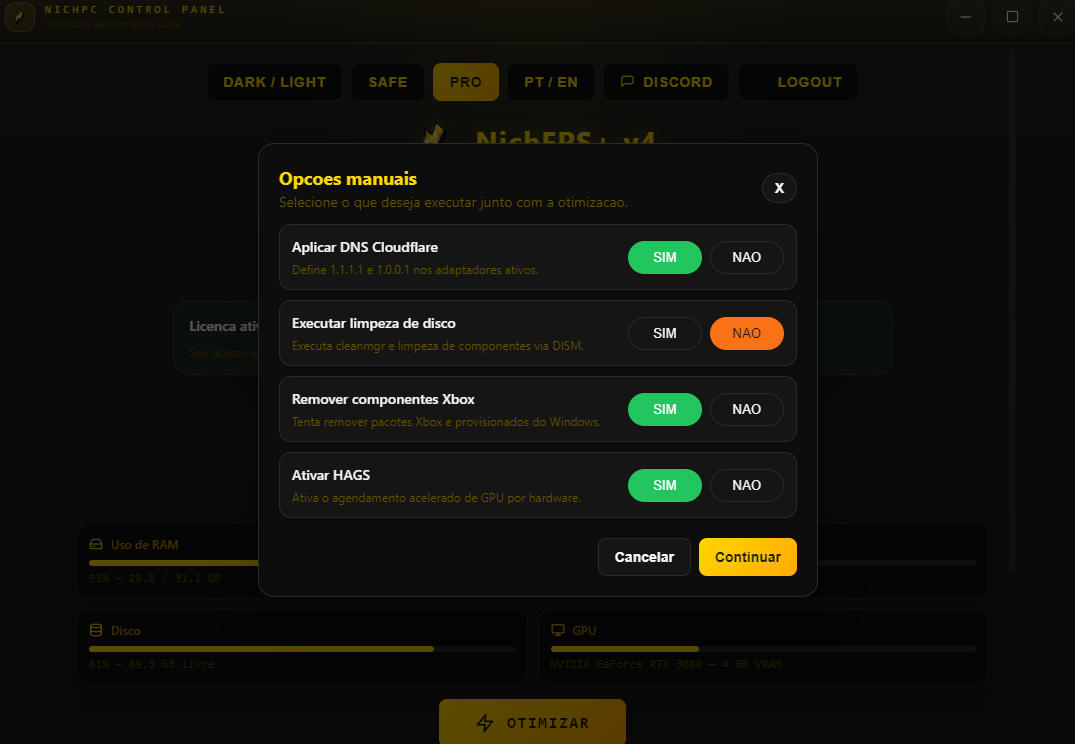 Modal de opções manuais do NichFPS+: DNS Cloudflare, limpeza de disco, remoção de componentes Xbox e HAGS